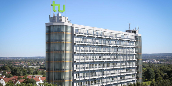 The Math Tower with the logo of TU Dortmund University on top of it